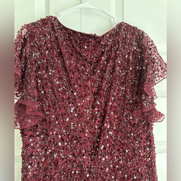 Mac Duggal Sequin V Neck Flutter Cap Sleeve Trumpet Dress Garnet NwT - Picture 5 of 12